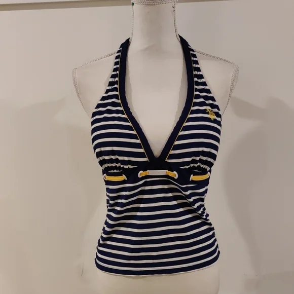 Us Polo Navy & White Striped Halter Tankini Swim Top Yellow Trim Sz m - Picture 1 of 7